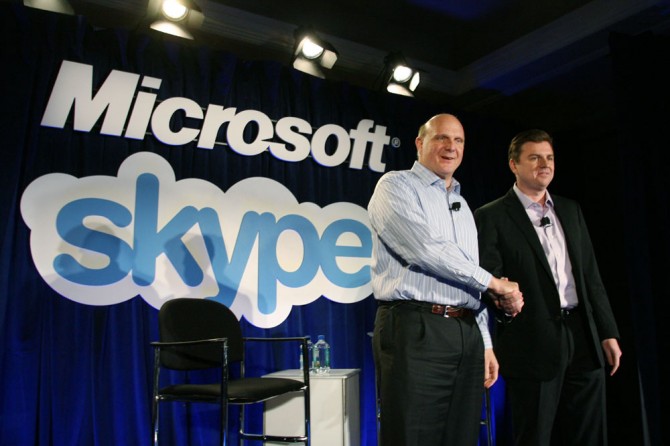 Microsoft Skype acquisition announcement (Steve Ballmer and Tony Bates shake hands)
