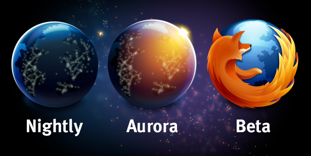 Mozilla Firefox (Aurora, Nightl, Beta logos)