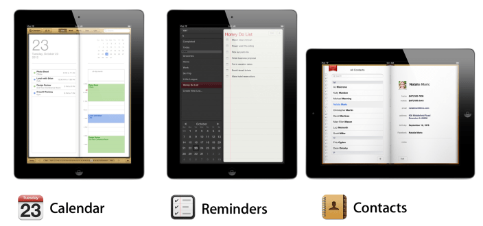 iPad's Calendar, Reminders, and Contacts apps