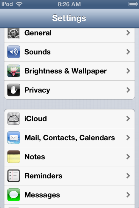 iOS 6 Settings with iCloud being the fifth item down.