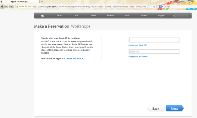 Picture of Confirming a Reservation at the Apple Store, requiring your Apple ID