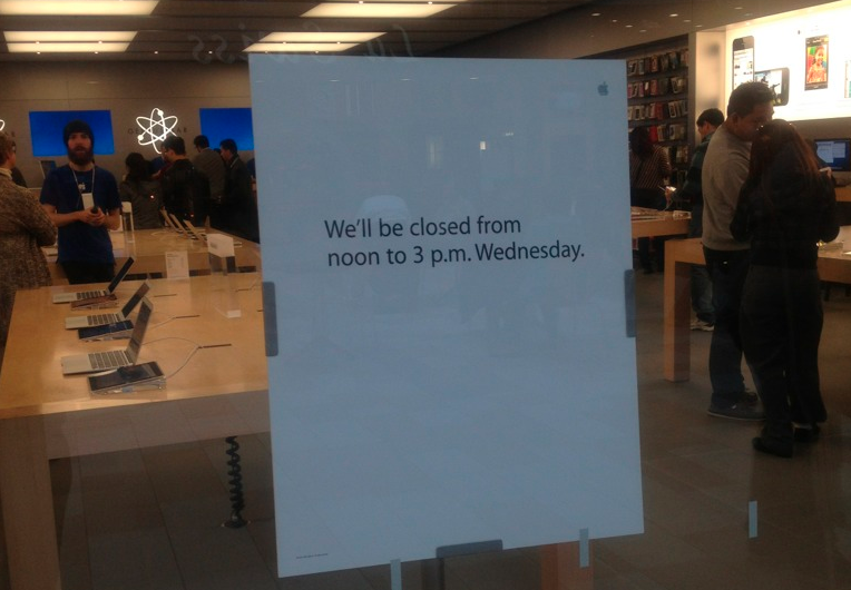 Signage indicates that Apple Stores will close for three hours today