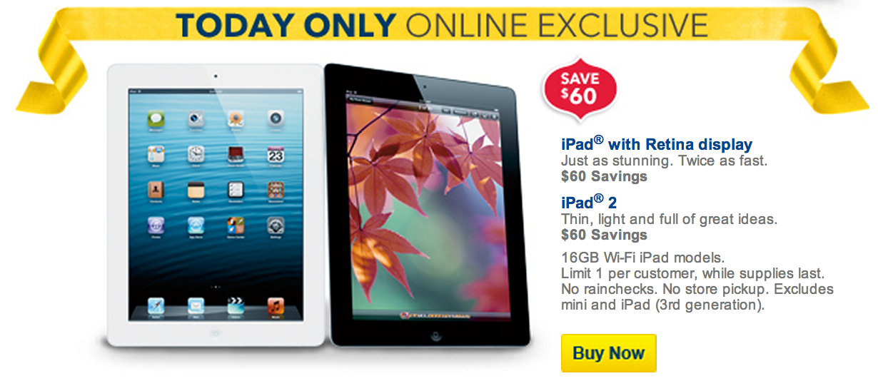 Best Buy 60 off all new iPads, 100 iTunes gift card, only 80