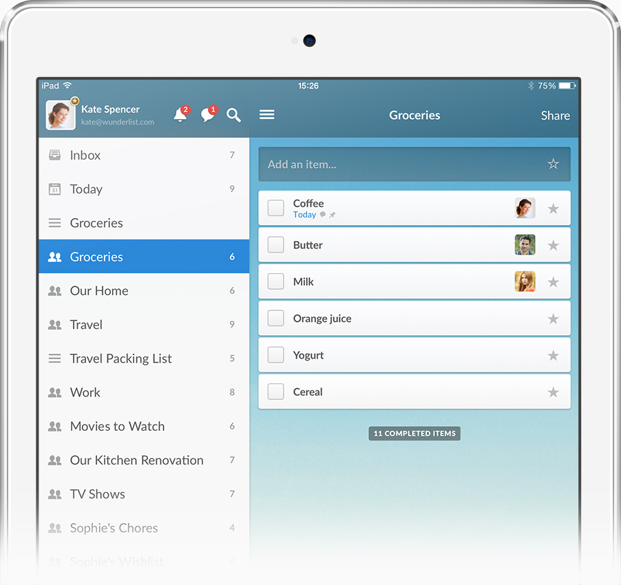Wunderlist updated with new layout and real-time list syncing
