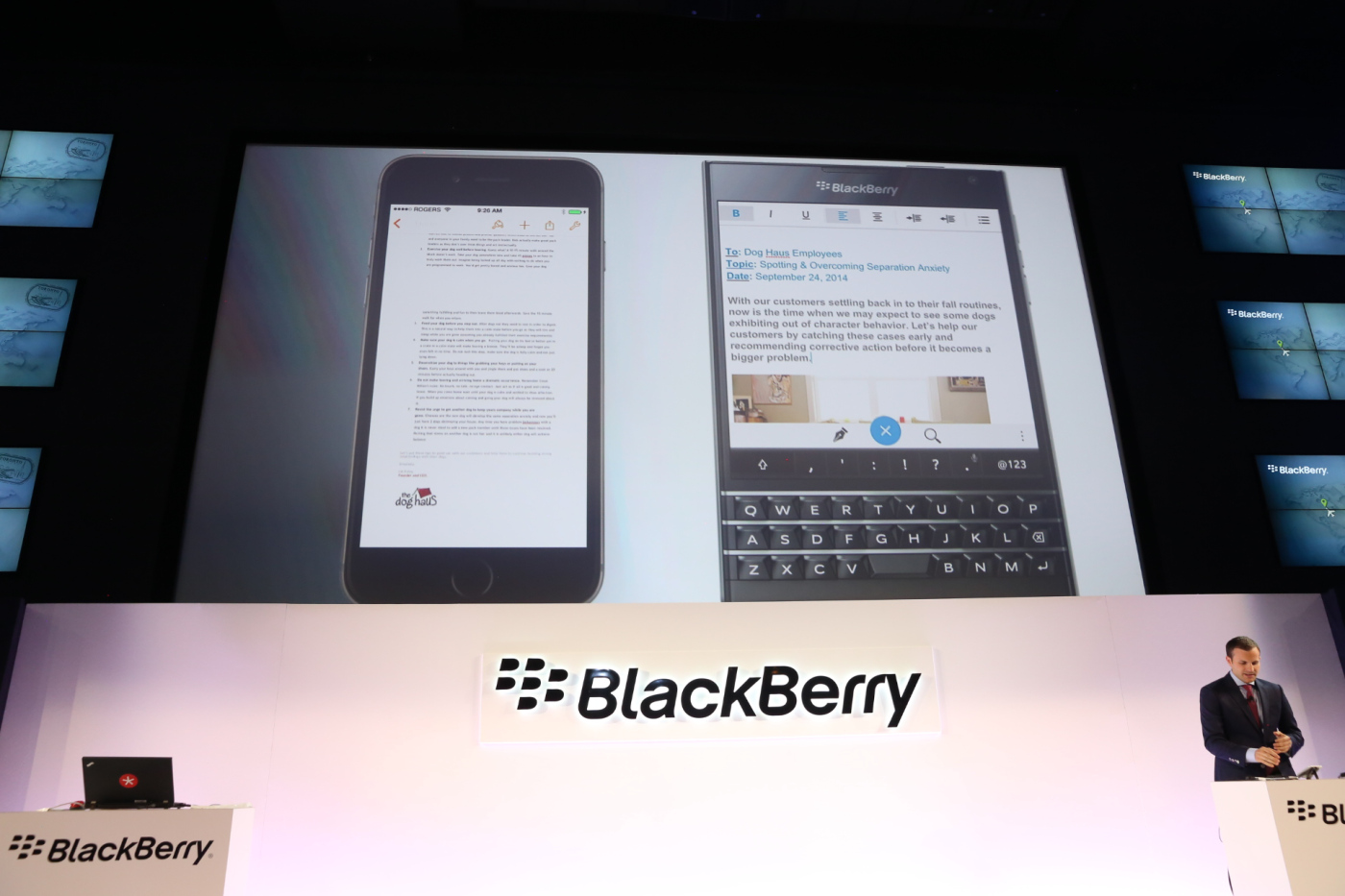 BlackBerry compares its new Passport phone to iPhone 6 on stage