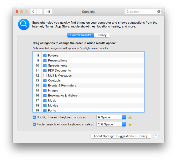 Spotlight System Preferences Mail and Messages