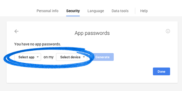 Google app passwords