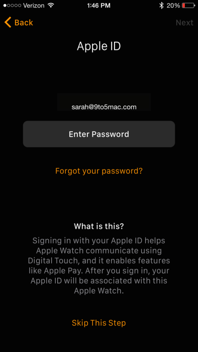 Apple Watch app enter Apple ID password