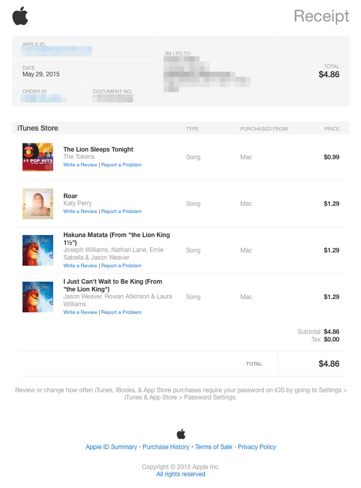 Apple refreshes iTunes receipts with a new design, 'purchased from