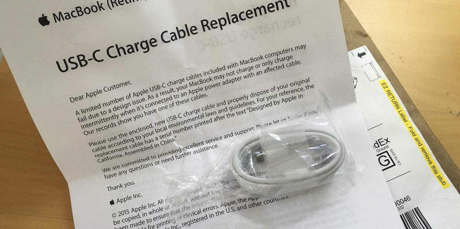 Apple begins shipping replacement USBC cables to Retina MacBook owners