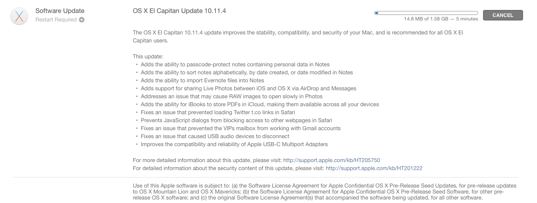 apples os x 10.11.4 update
