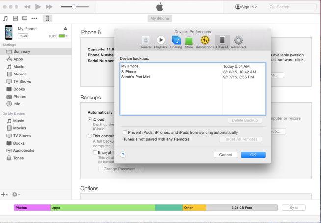 iTunes 12 check for backups