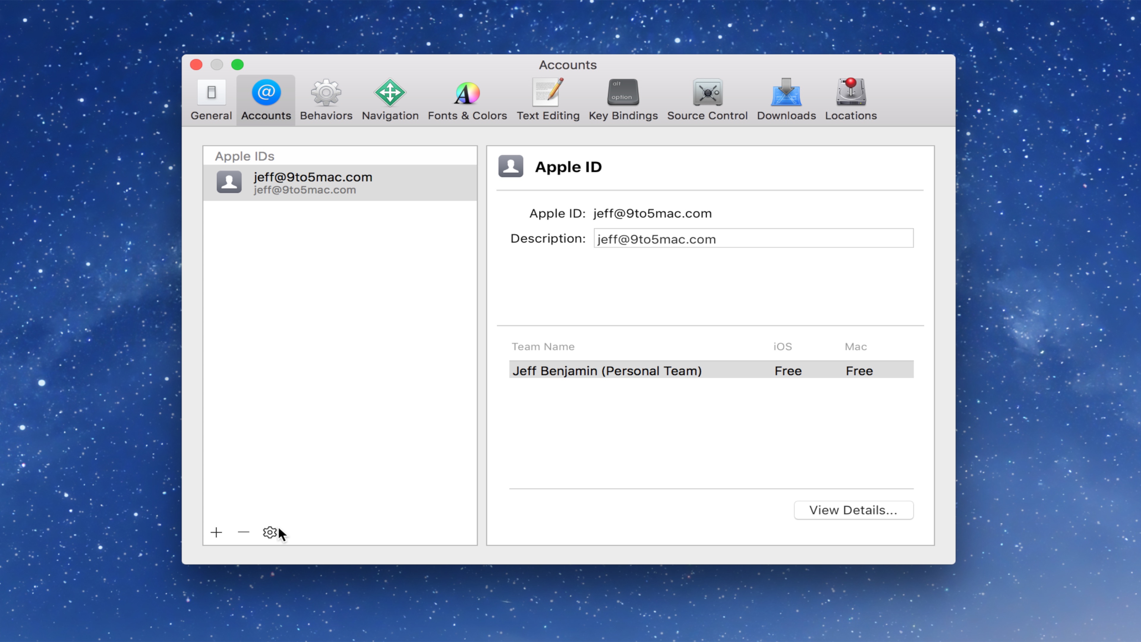  A screenshot of the Accounts section of Xcode, which is used to manage Apple accounts and certificates for signing and installing apps on Apple devices.