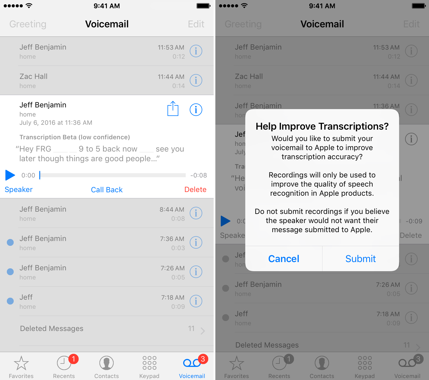 Voicemail Transcription iOS 10 beta