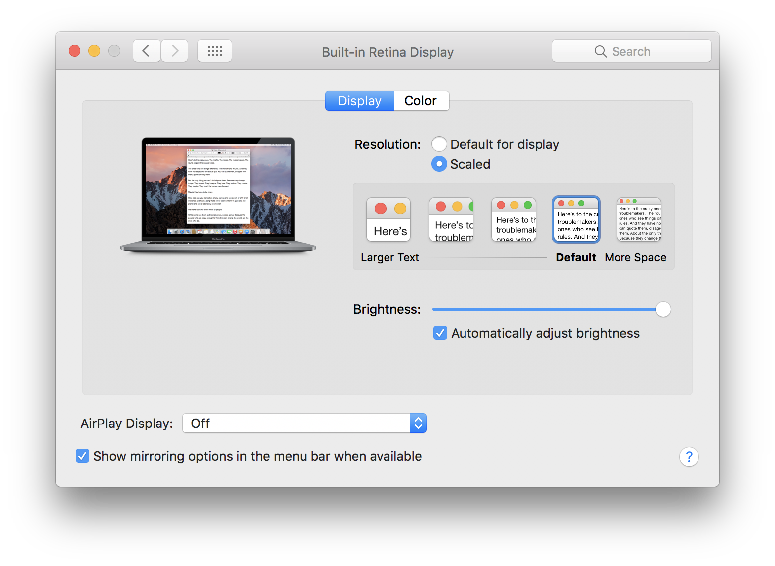 mac retina display resolution more space not available
