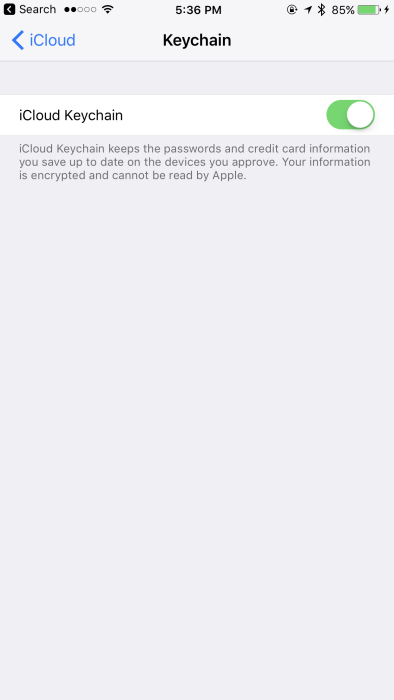 iOS 10 iCloud > Keychain