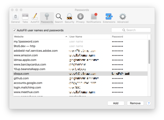 macOS Safari Preferences Passwords List