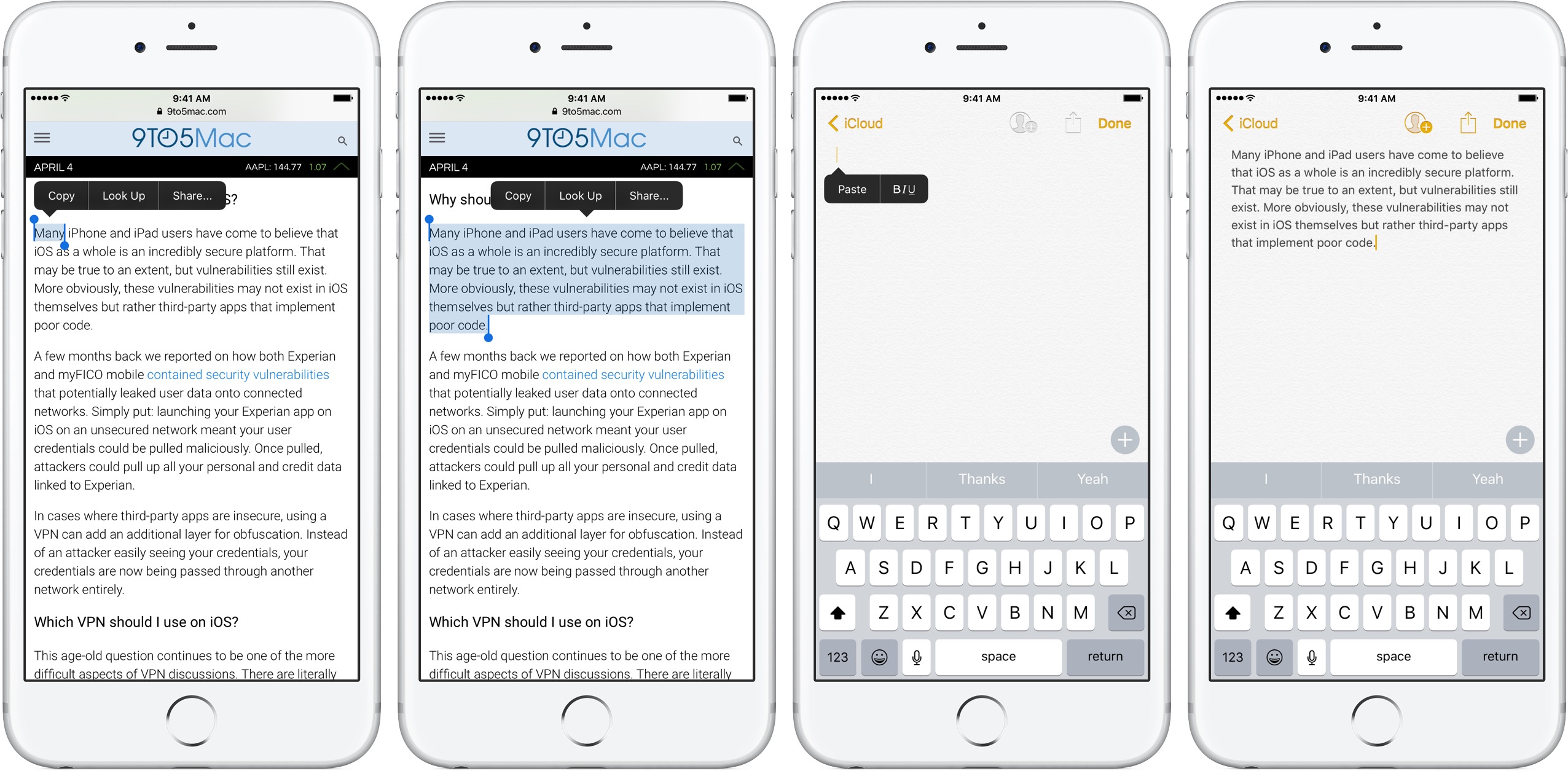 Image showing selection of text on iPhone and copying and pasting text into a new note