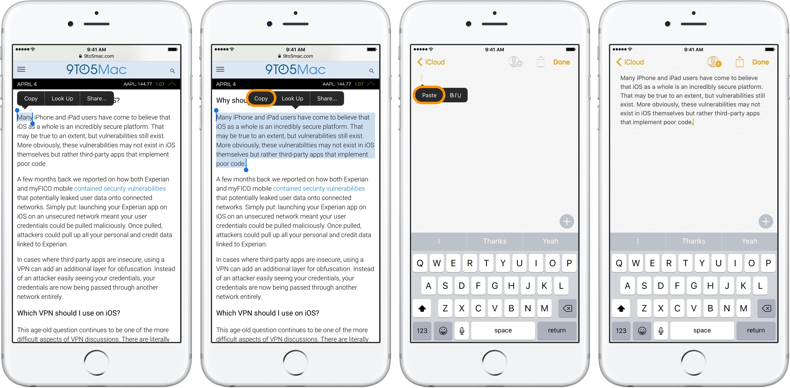 Image showing copy and paste on iPhone, selecting text from a webpage and pasting into a note