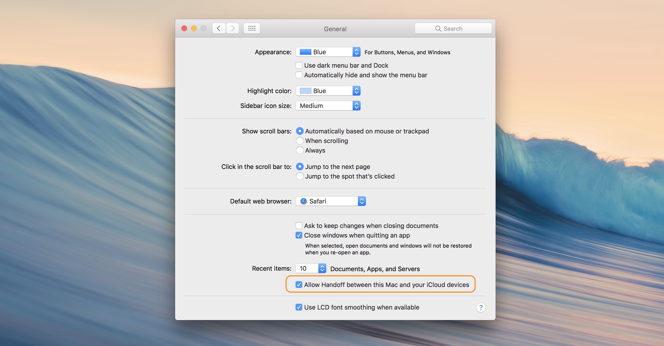 Image showing Handoff setting in macOS System Preferences under General
