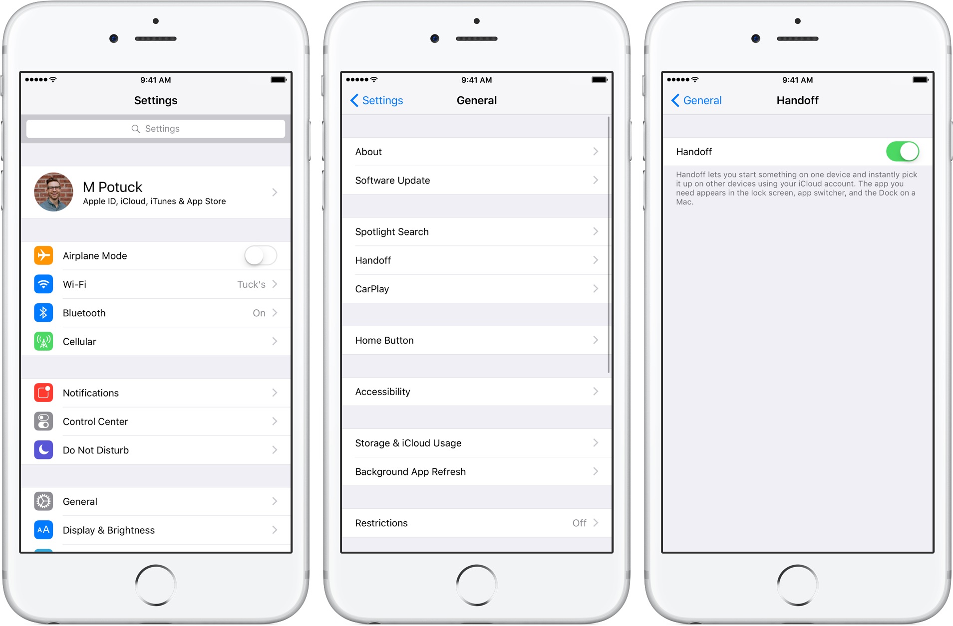 Image showing how to enable Handoff in iOS Settings under the General tab