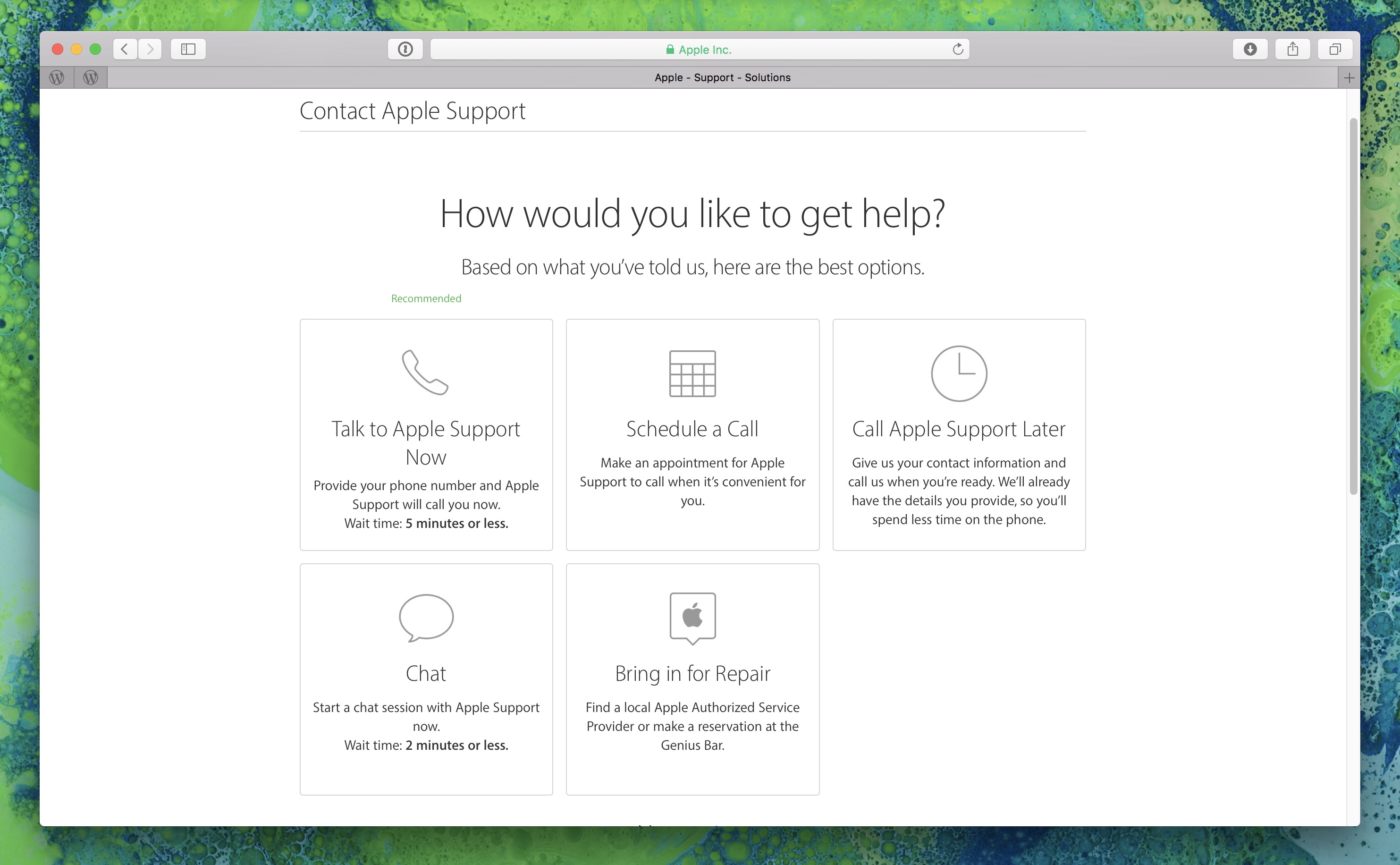 Image showing Apple support options on getsupport.apple.com