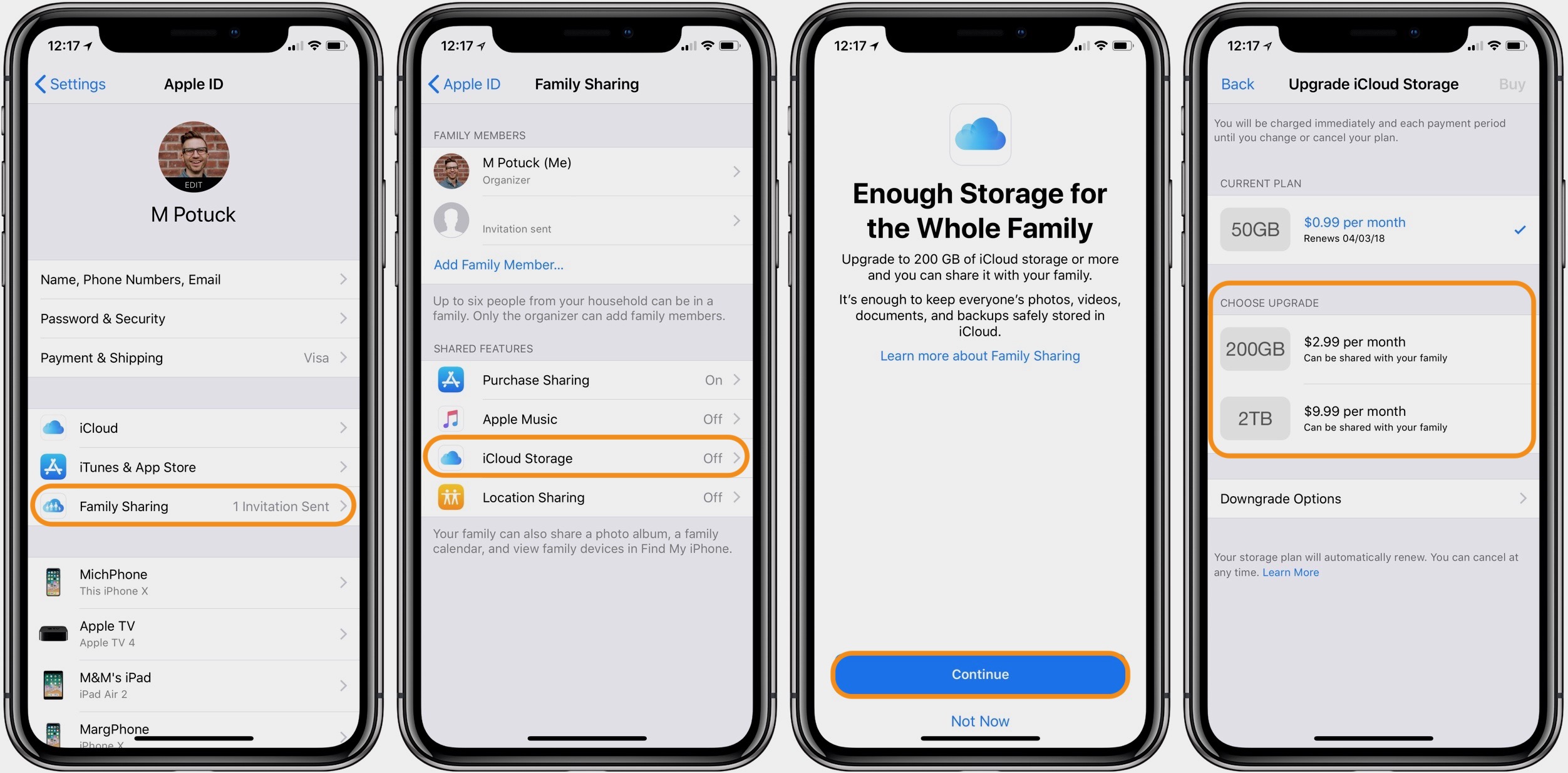 how to share family storage icloud