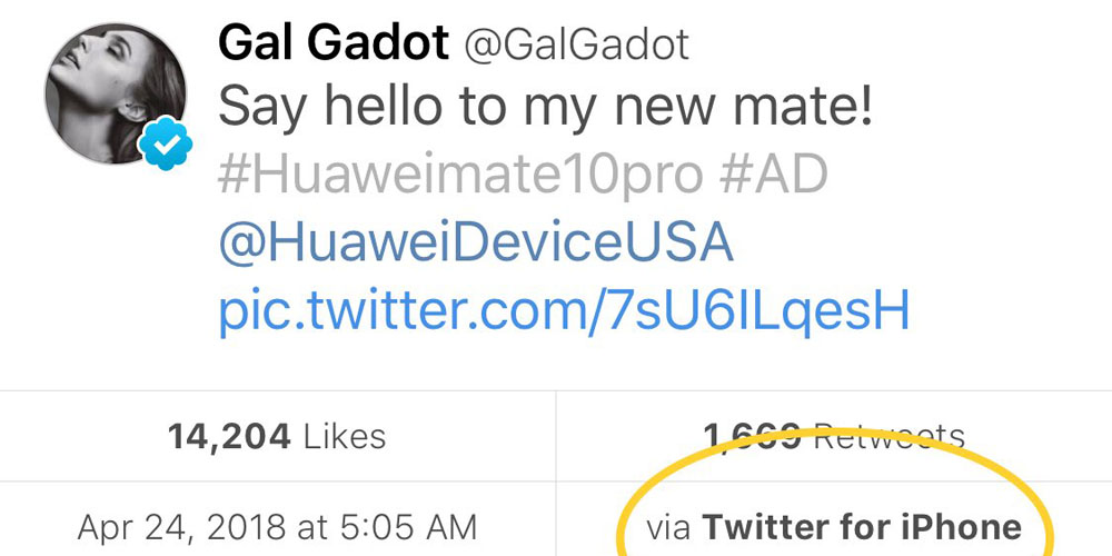 Wonder Woman Actor Gal Gadot Tweets Praise For Her New Huawei Mate 10 From An Iphone 9to5mac