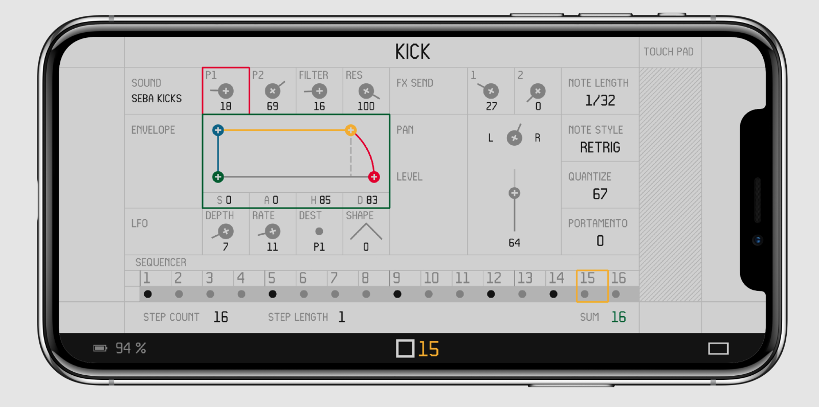 Touch editor. Тумблер Интерфейс. Op-z Case. Kick Envelope.