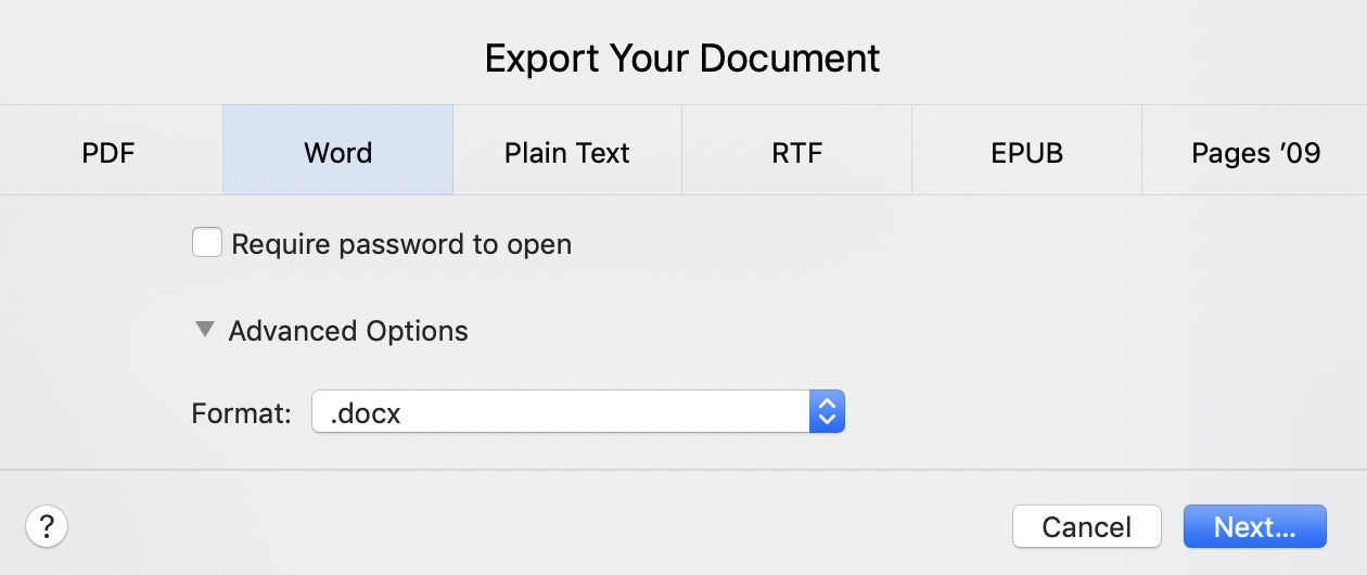 how to export a pages document to word