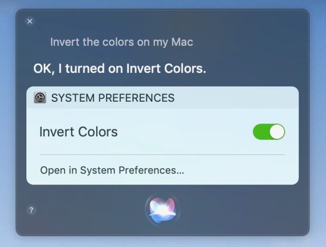 invert display color with Siri on Mac