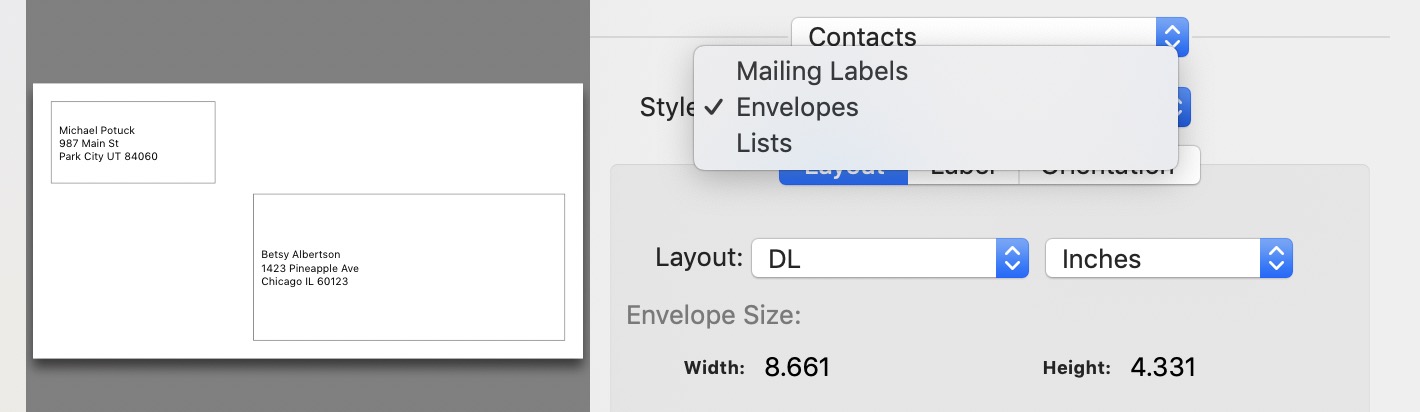 outlook for mac contacts print labels