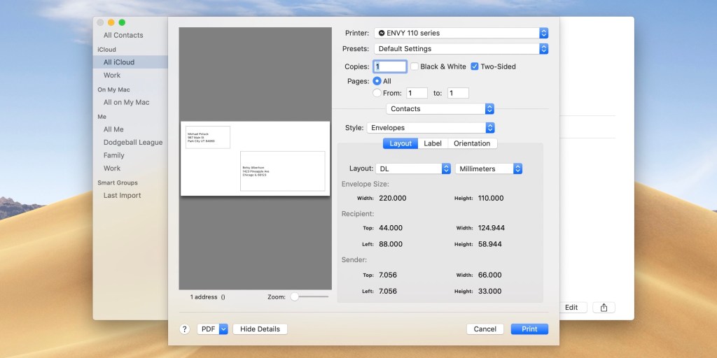 Print envelopes from contacts mac