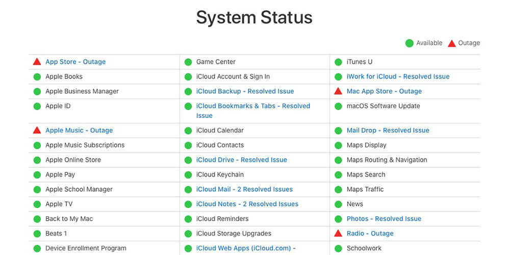 Apple system status shows major outages
