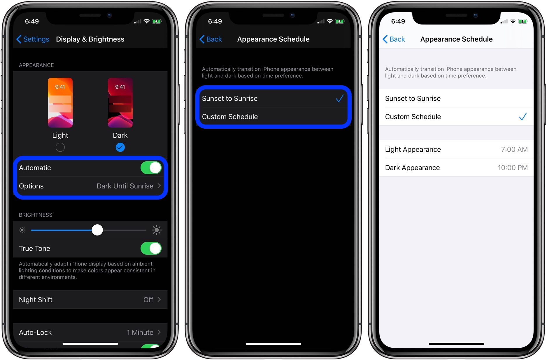 how to use Dark Mode iPhone iOS 13 automatic option