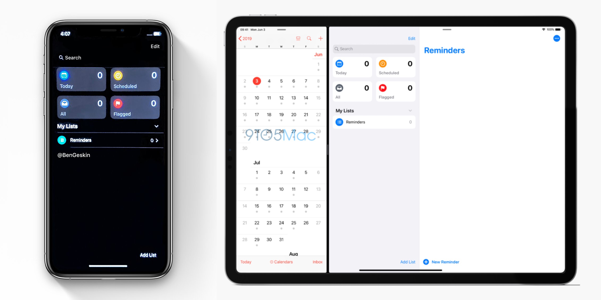 iOS 13 screenshot: Redesigned Reminders app for iPhone pictured in Dark