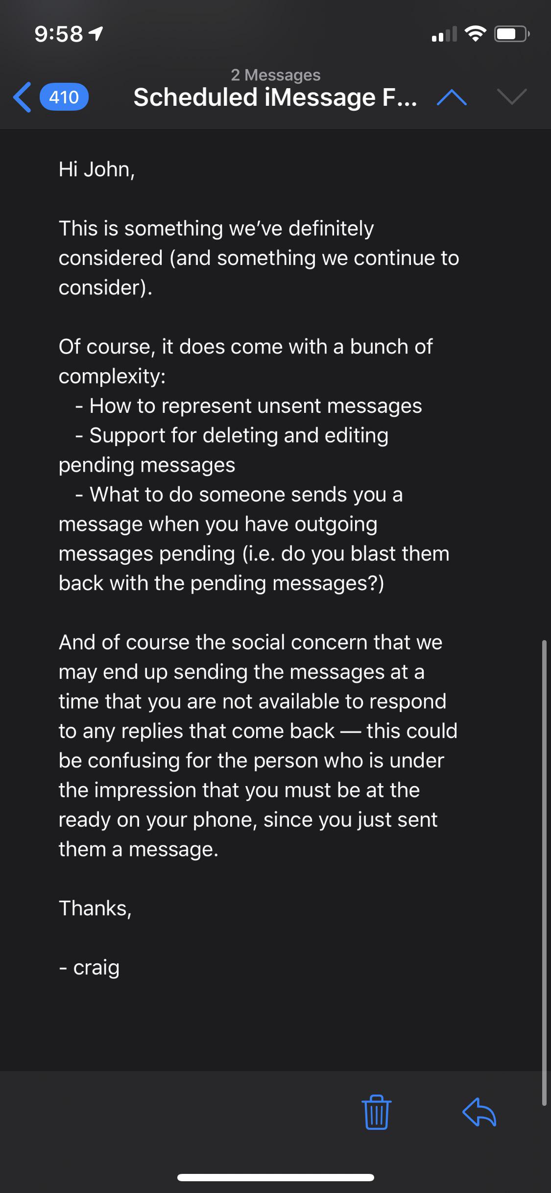 Craig Federighi says scheduled iMessage feature is 'something we continue to consider,' lyrics visualizer slated for iOS 13.1 in Music app Schedule iMessage feature