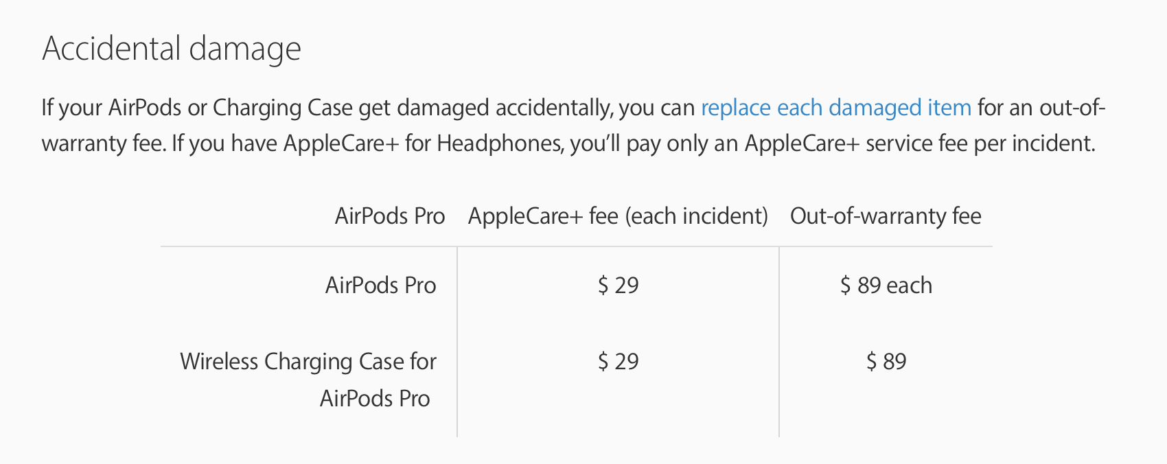AirPods Pro repair replacement cost