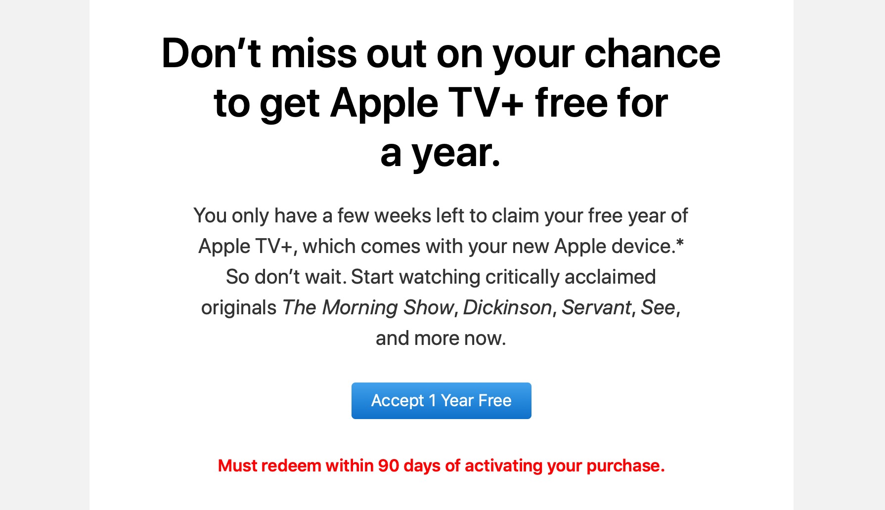 Apple reminding customers to redeem their free year of Apple TV+ as