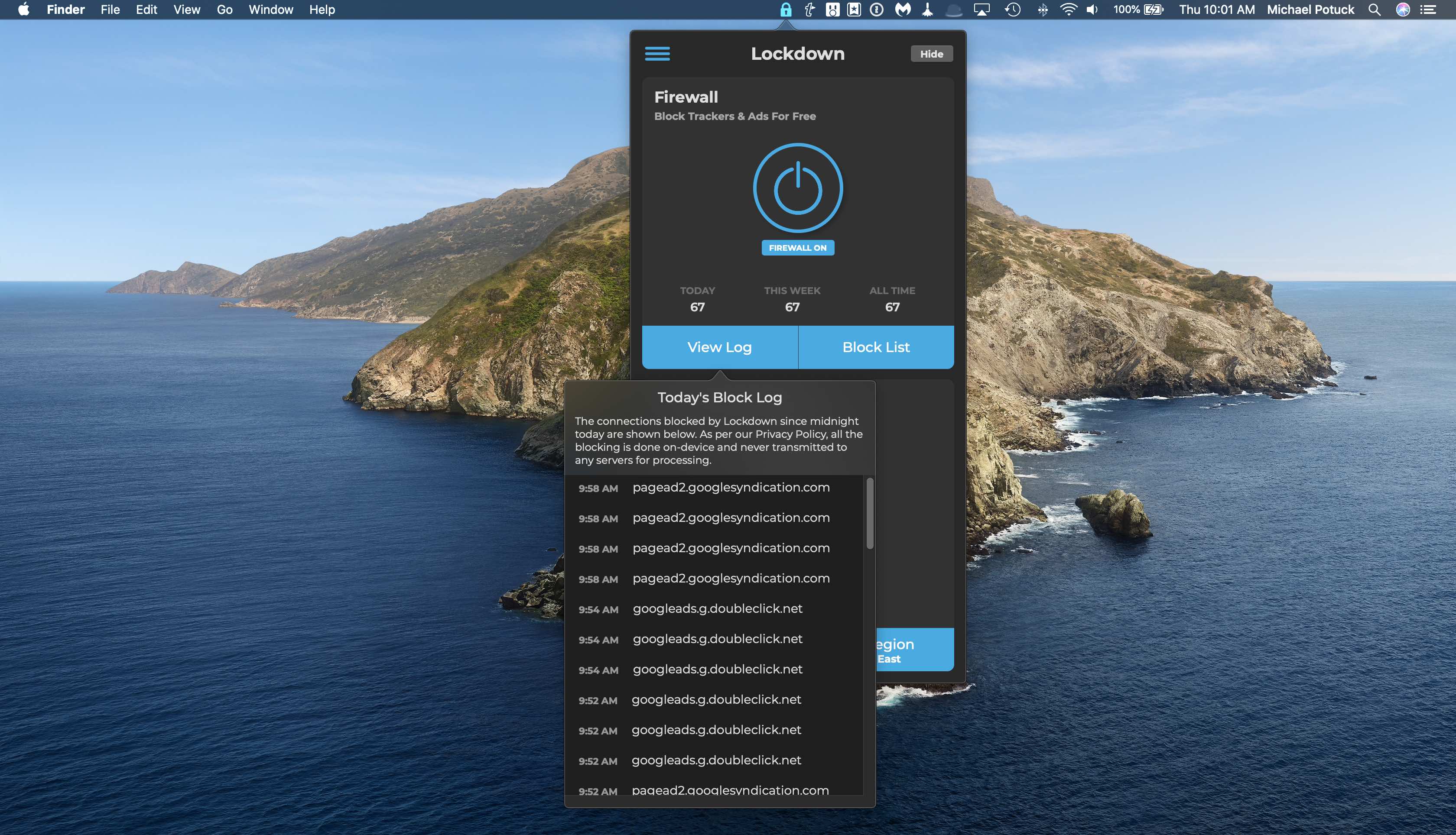 Lockdown free open source firewall for Mac blocked trackers in Dark Mode