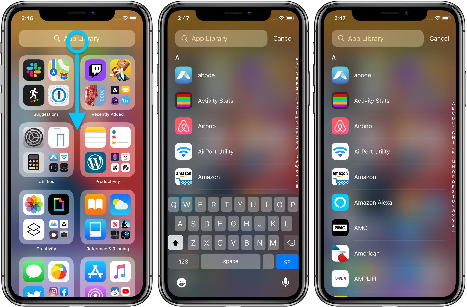 How to use iPhone App Library iOS 14 walkthrough 2 using alphabetical list by swiping down from the top of your screen