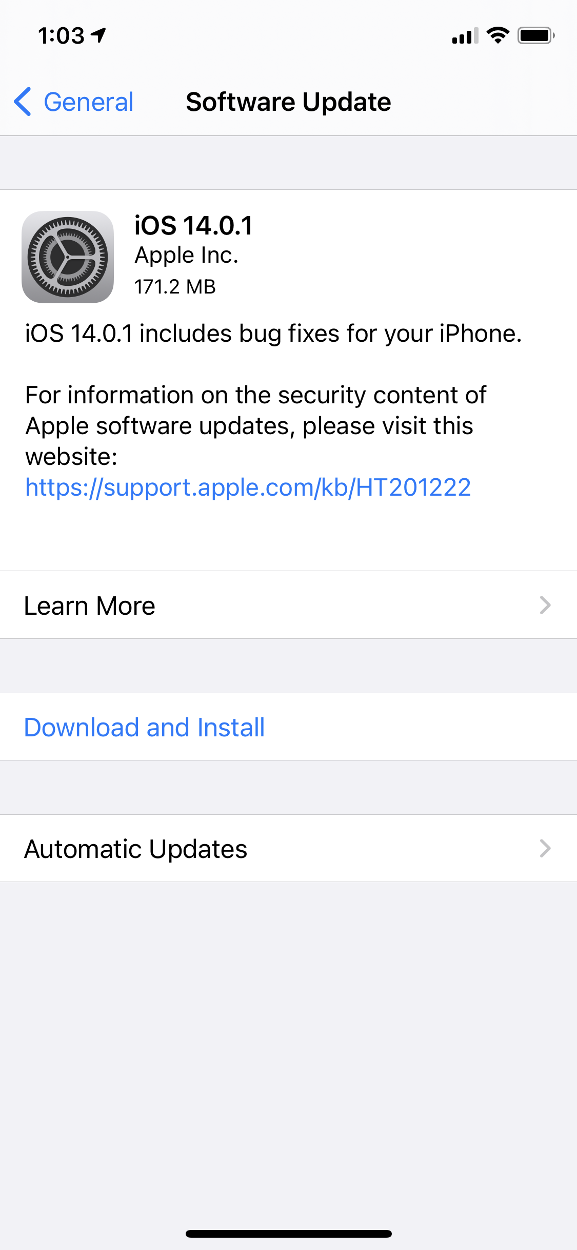 iOS 14.0.1 更新提示