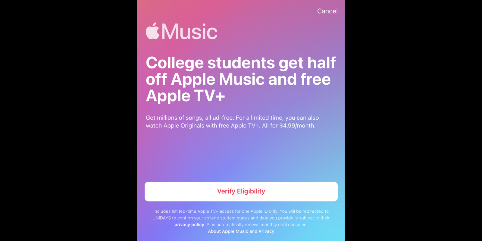 The Apple Music free trial for students