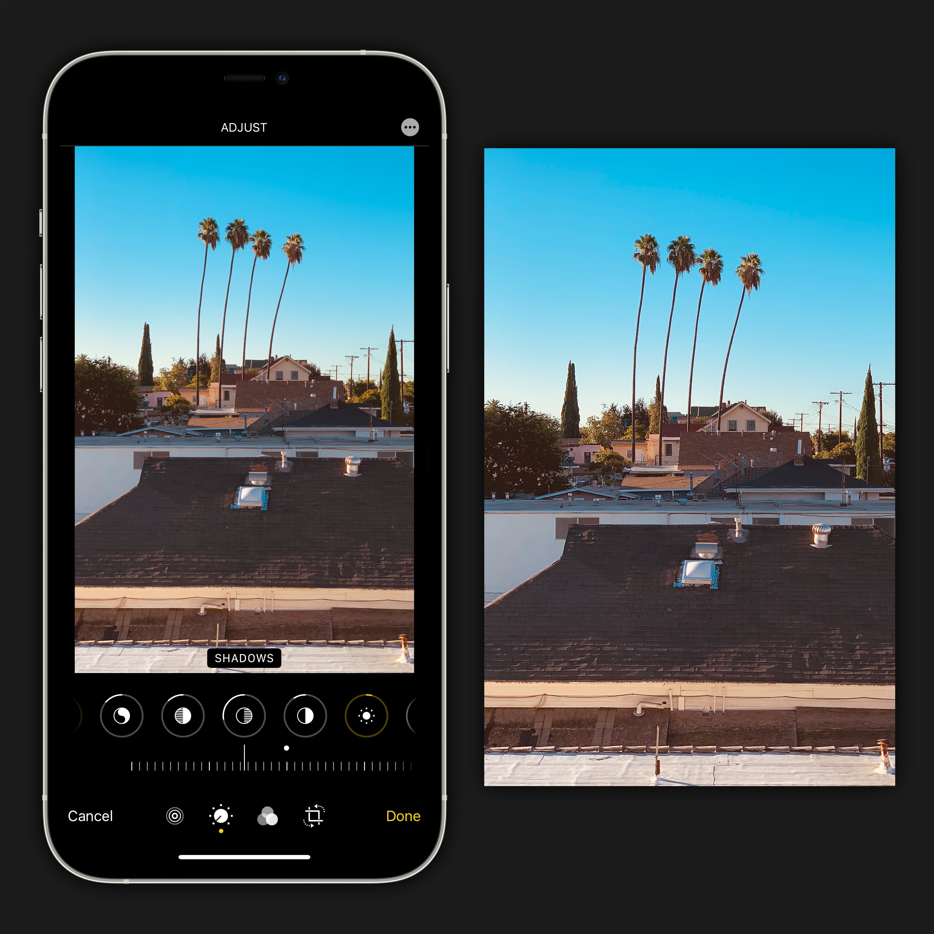 Edit your photo in the Photos app to adjust perspective and cropping. Dial in the right mood using the built-in color tools.