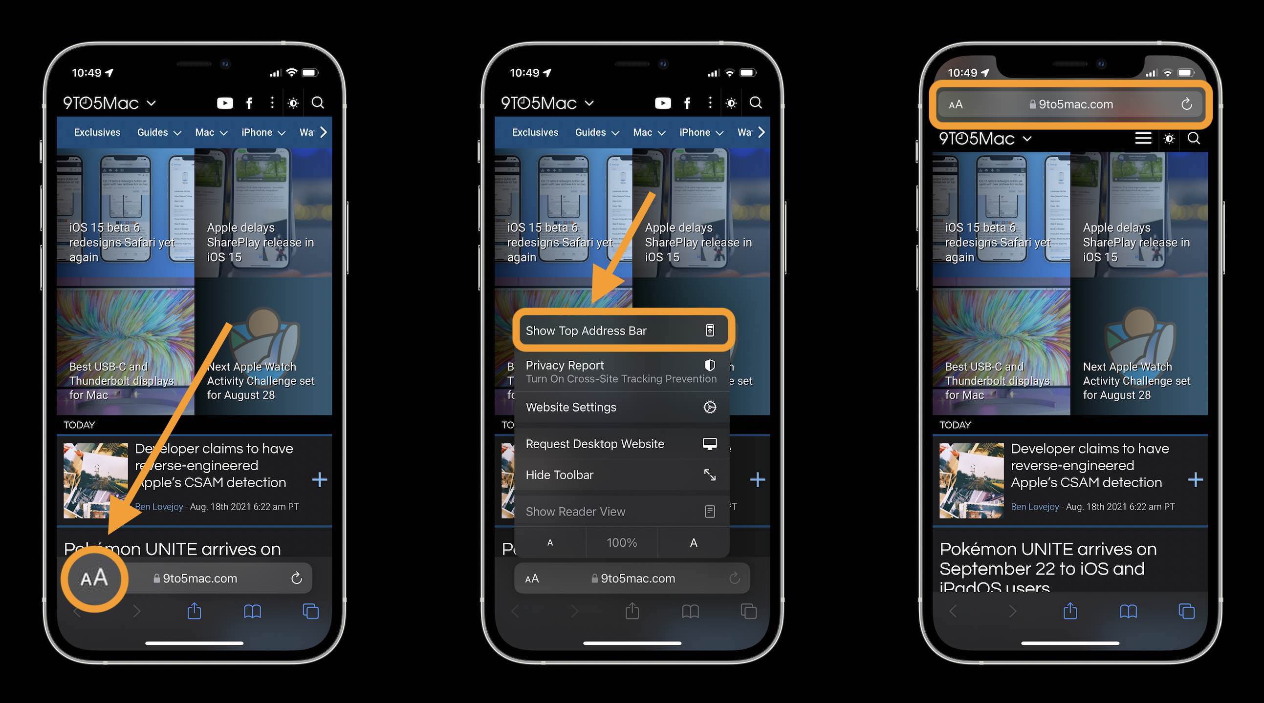 How to change iOS 15 Safari address/search bar on iPhone walkthrough 1 - tap aA icon in bottom left corner in the address/search bar and tap Show Top Address Bar