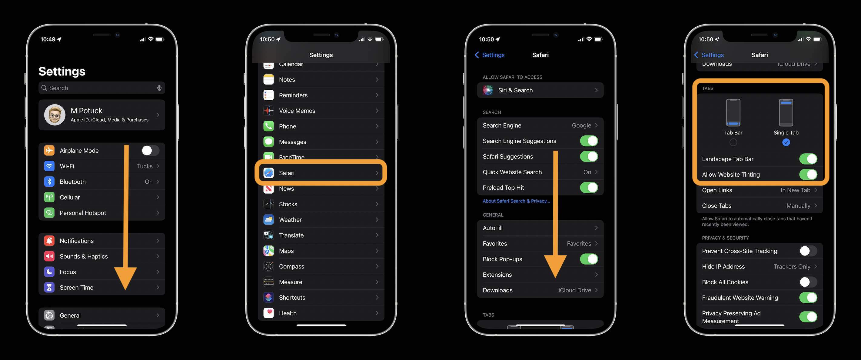 How to change iOS 15 Safari address/search bar on iPhone walkthrough 3 - open the Settings app, swipe down and tap Safari, swipe down and choose "Single Tab" 