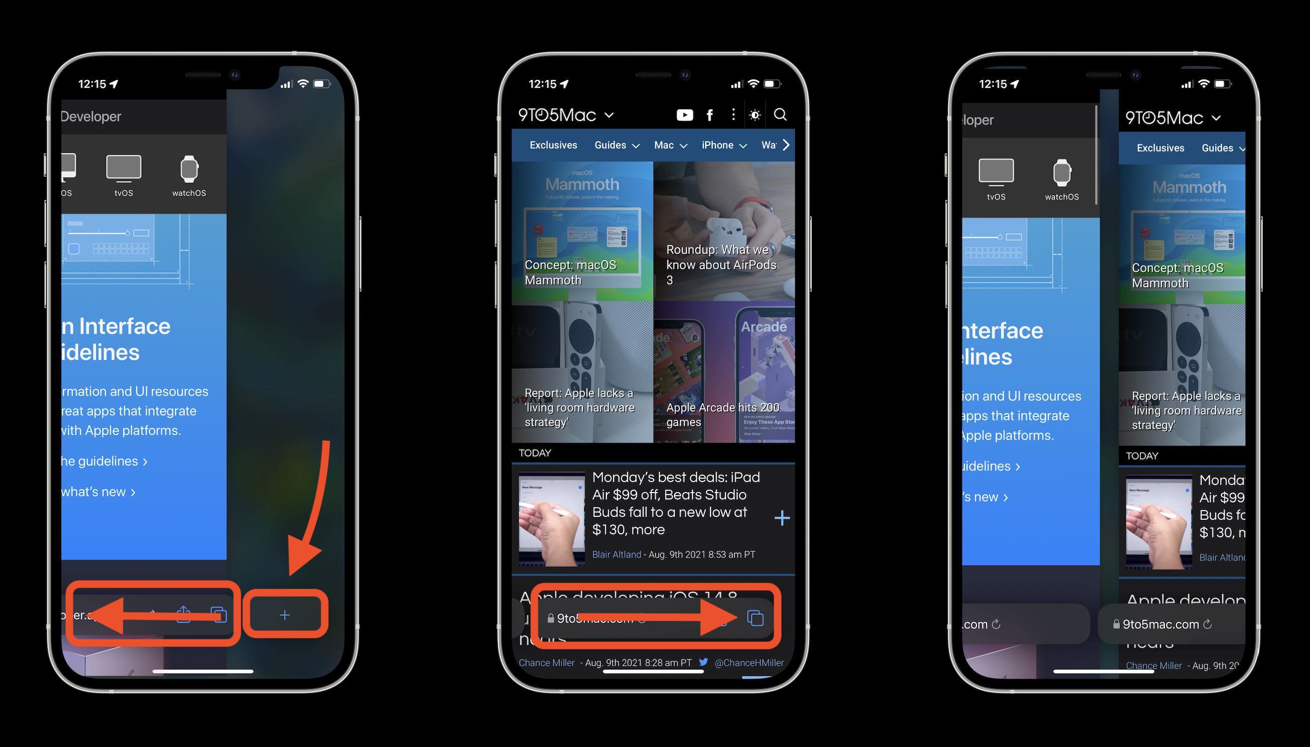 How Safari in iOS 15 works - swipe on the search/tab bar to open a new page or switch between open pages