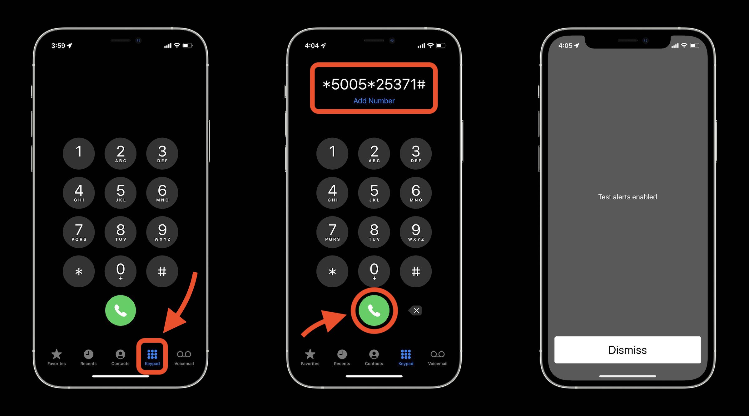  Cómo activar / desactivar las alertas de emergencia de prueba en el iPhone en el dial de EE.UU. *5005*25371# en la aplicación telefónica