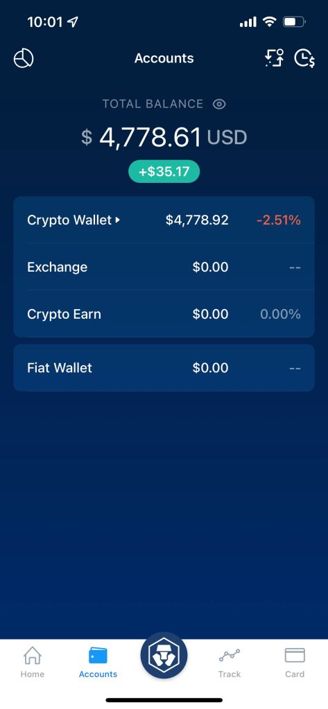 Crypto.com iOS app Accounts Page