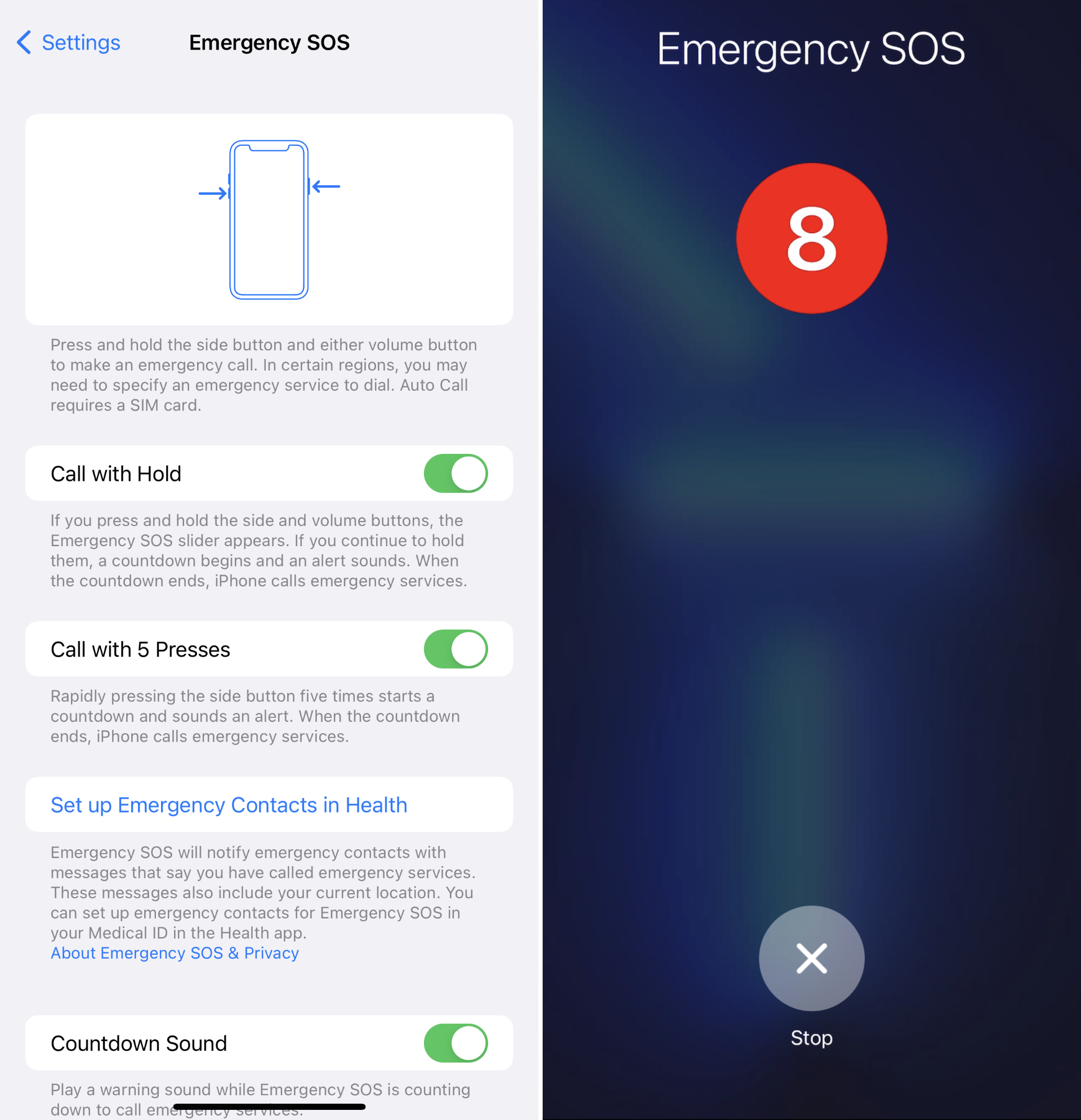 Updated Emergency SOS settings and countdown timer in iOS 15.2.